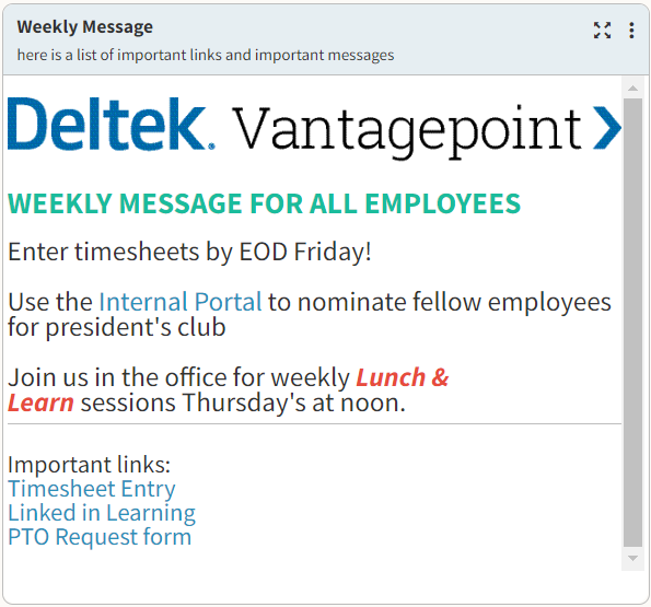 Monitor employee data directly from Deltek Vantagepoint dashboards